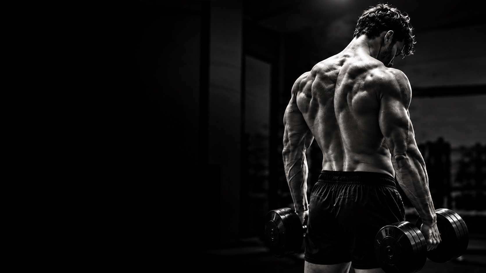 Athlete holding dumbbells in a dark gym